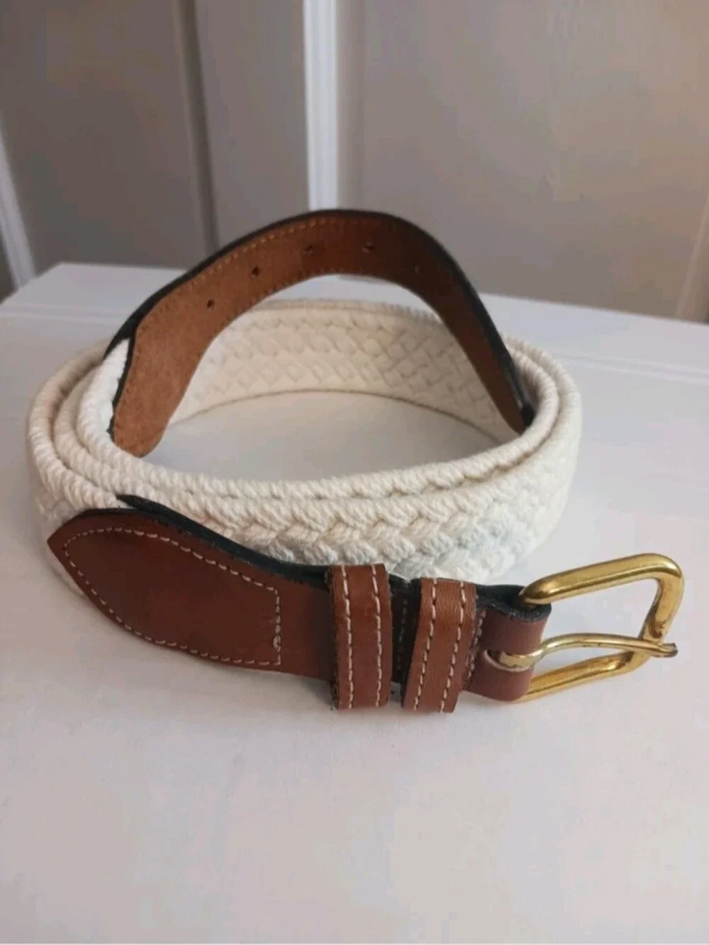 Vtg Dockers Woven Canvas White Belt , Brass Buckle Sz 38 #2321 Made In USA